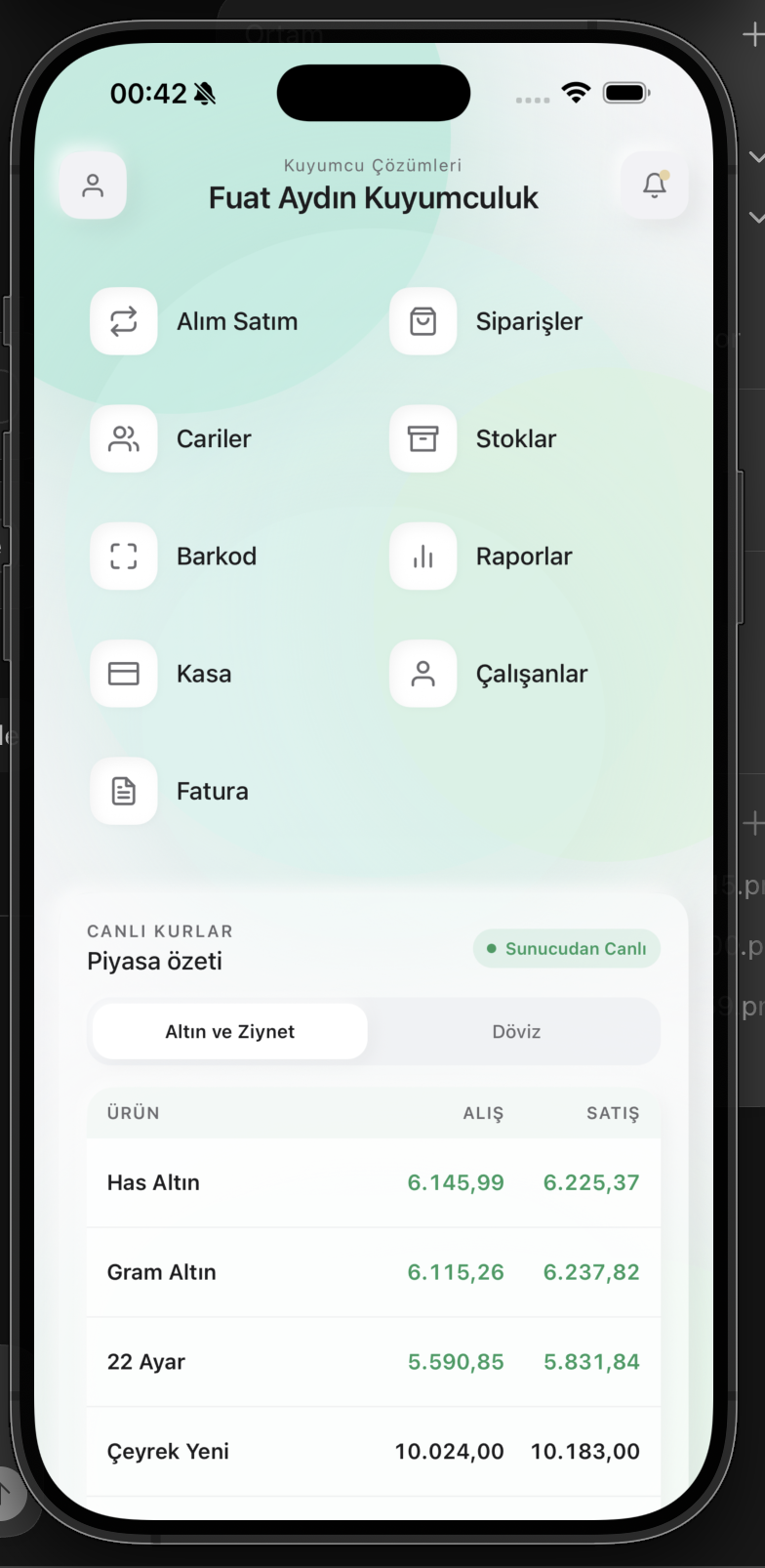 Kuyumcu Çözümleri mobil ana ekranı
