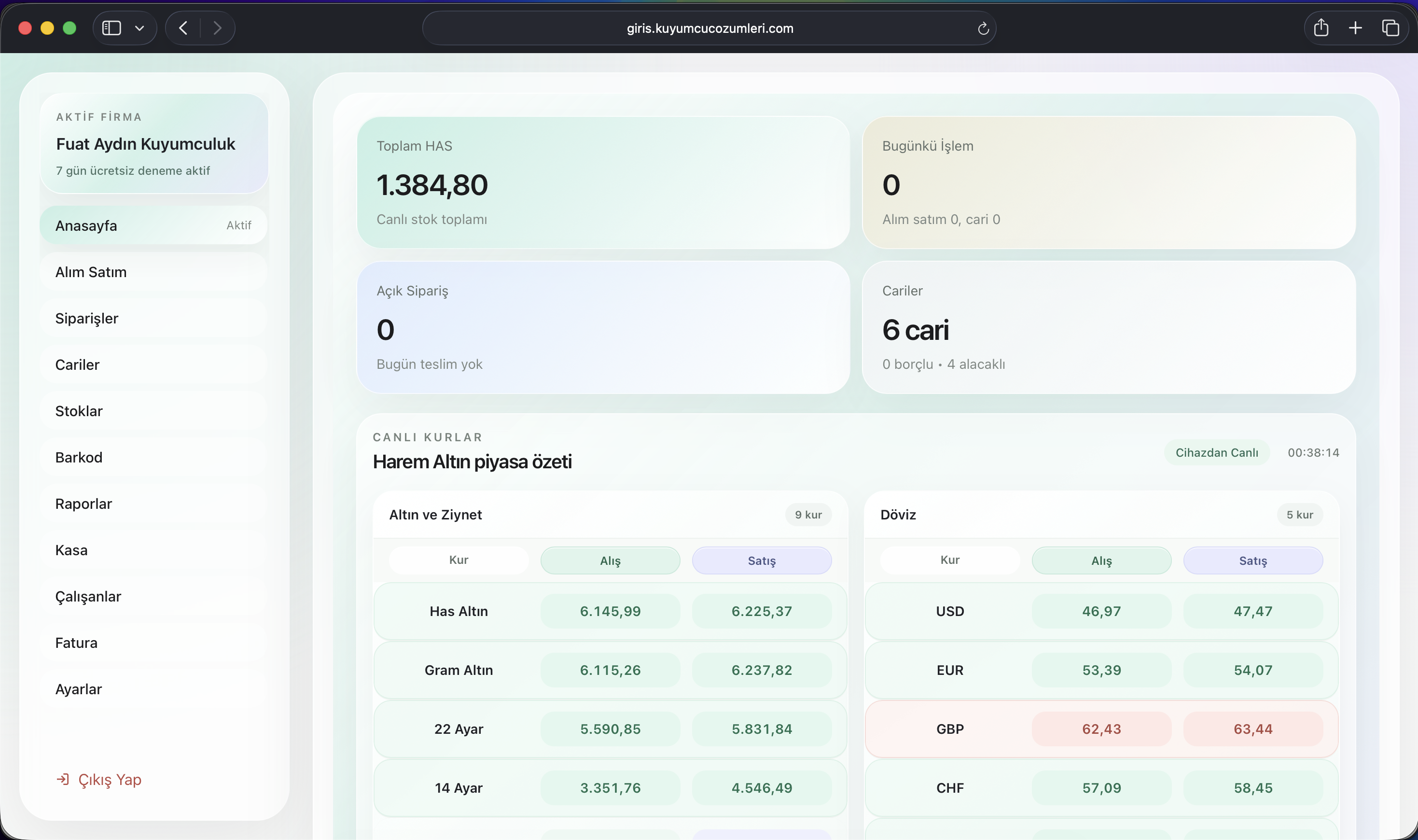Kuyumcu Çözümleri web ana ekranı